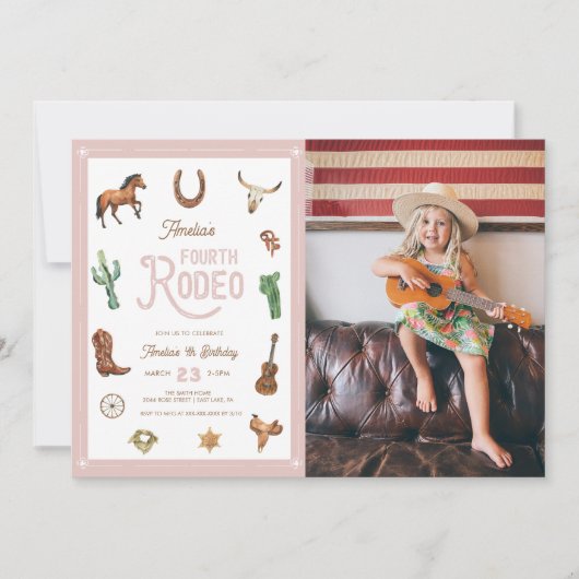 ピンクウェスタン第4誕生日ロデオベビーガール 招待状 (正面)
