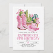 ピンクウェスト女性のカーボーイサボテン水カラー誕生日 招待状 (正面)