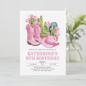 ピンクウェスト女性のカーボーイサボテン水カラー誕生日 招待状 (スタンド正面)