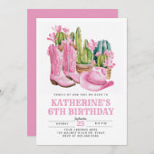 ピンクウェスト女性のカーボーイサボテン水カラー誕生日 招待状 (正面/裏面)
