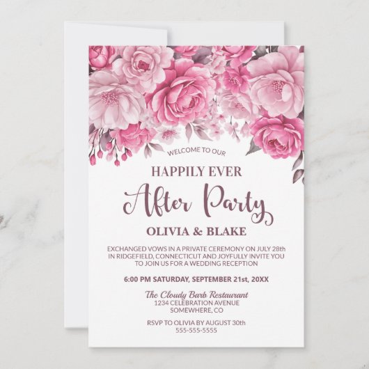 ピンクウェディングレセプション後の幸せなフローラ 招待状 (正面)