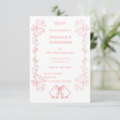 ピンクウェディングRSVPカードベルズスクロール 出欠カード (スタンド正面)