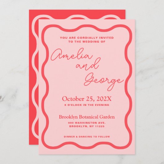 ピンクウェーレトロ結婚式招待状 招待状 (正面/裏面)