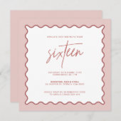 ピンクウェー縁どク16誕生日招待状 招待状 (正面/裏面)