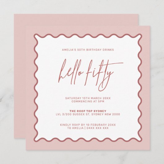 ピンクウェー縁どハロー50番誕生日招待状 招待状 (正面/裏面)