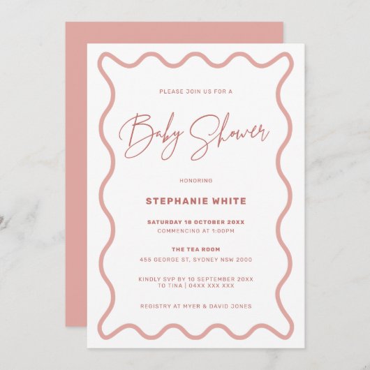 ピンクウェー縁どブベビーシャワーパーティの招待状 招待状 (正面/裏面)