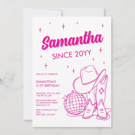 ピンクウエスタンカントリーディスコ21歳の誕生日パーティー 招待状 (正面)