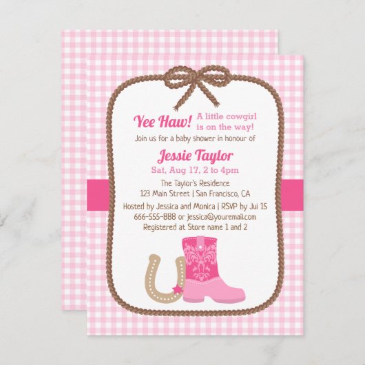 ピンクウエスタンカントリーベビーシャワー招待状 招待状 (正面/裏面)