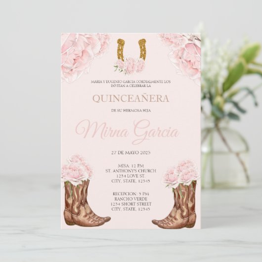 ピンクウエスタンチャラテーマキンセアニェラ招待状 招待状 (スタンド正面)