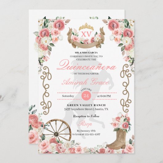 ピンクウエスタンチャロ女性のカーボーイキンセアニラ 招待状 (正面/裏面)