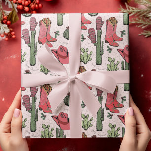 ピンクウエスタンハウディクリスマス女性のカーボーイ ラッピングペーパー