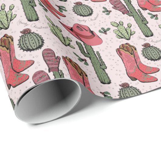 ピンクウエスタンハウディクリスマス女性のカーボーイ ラッピングペーパー (ロールコーナー)