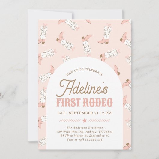 ピンクウエスタンファーストロデオガール誕生日 招待状 (正面)