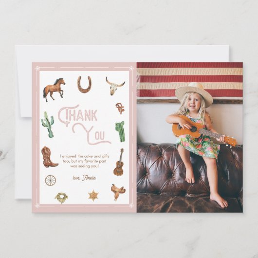 ピンクウエスタンファースト誕生日ロデオサンキューカード サンキューカード (正面)