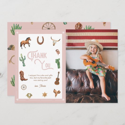 ピンクウエスタンファースト誕生日ロデオサンキューカード サンキューカード (正面/裏面)