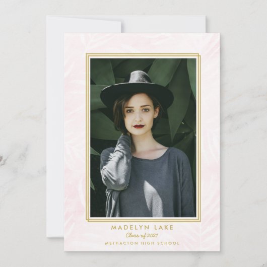 ピンクウォッシュパームズと金ゴールドフレーム写真卒業 案内状 (正面)