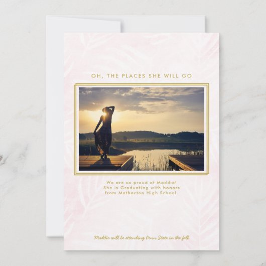 ピンクウォッシュパームズと金ゴールドフレーム写真卒業 案内状 (裏面)