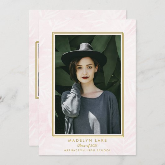 ピンクウォッシュパームズと金ゴールドフレーム写真卒業 案内状 (正面/裏面)