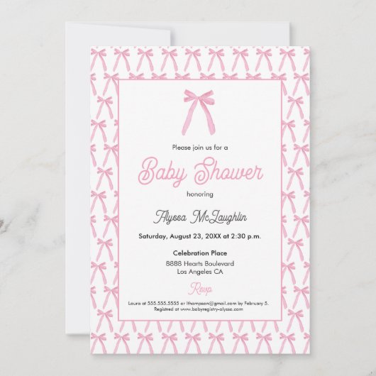 ピンクウォーターの色のリボン赤ちゃん女の子の赤ちゃんシャワー 招待状 (正面)