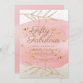 ピンクウォーターアイボリーと金ゴールドダスト50誕生日 招待状 (正面/裏面)