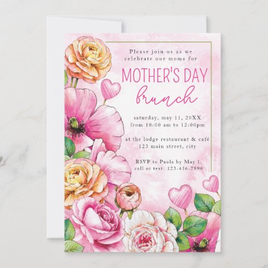 ピンクウォーターエレガントカラーフローラマザーズデイブランチ 招待状 (正面)
