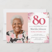 ピンクウォーターカスタムカラーフローラ写真80誕生日 招待状 (正面)