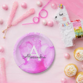 ピンクウォーターカラスプラッシュモノグラムの名前とイニシャル ペーパープレート (パーティー)