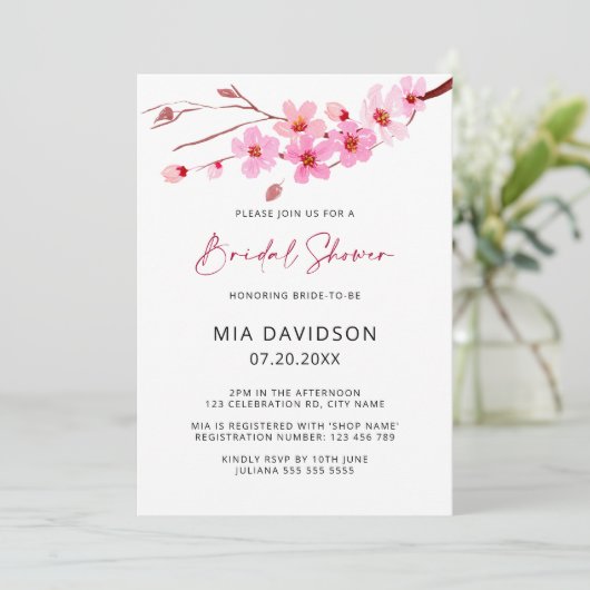ピンクウォーターカラーさくらんぼブロッサムブライダルシャワー 招待状 (スタンド正面)