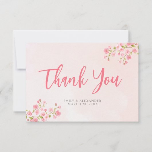 ピンクウォーターカラーさくらんぼブロッサム春の結婚式 サンキューカード (正面)