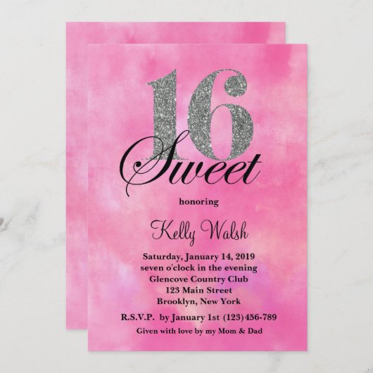 ピンクウォーターカラーとグリッタータイポグラフィスイーツ16 招待状 (正面/裏面)