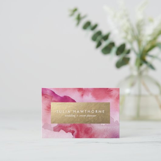 ピンクウォーターカラーと金ゴールドフォイルフェイクユーロ 名刺 (スタンド正面)