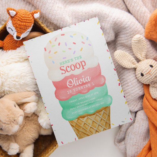 ピンクウォーターカラーアイスクリーム1st誕生日 招待状