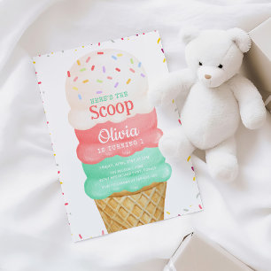 ピンクウォーターカラーアイスクリーム1st誕生日 招待状