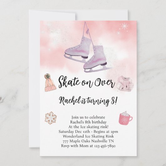 ピンクウォーターカラーアイススケートで滑る誕生日招待状 招待状 (正面)