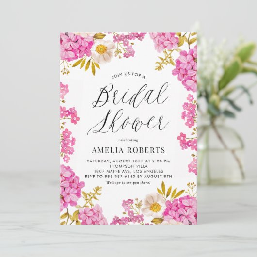 ピンクウォーターカラーアジサイフローラブライダルシャワー 招待状 (スタンド正面)