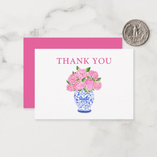 ピンクウォーターカラーアジサイChinoiserieありがとう ノートカード (正面/裏面インサイチュ)