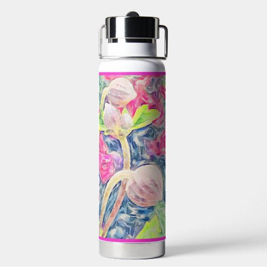 ピンクウォーターカラーアネモンブルーアクセント熱冷間使用 ウォーターボトル (背面)
