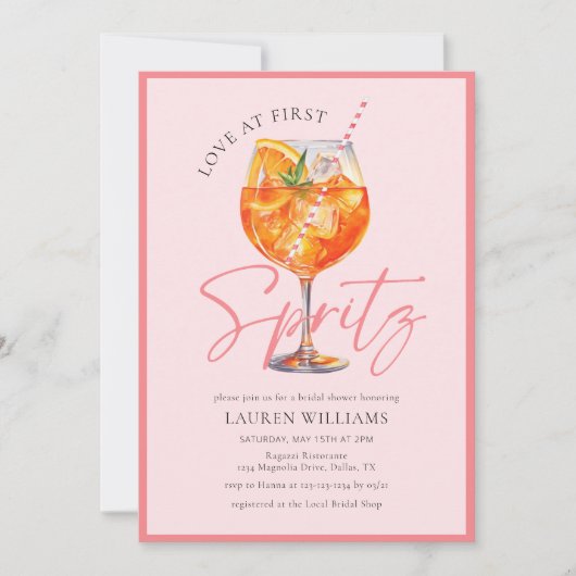 ピンクウォーターカラーアペロルスピリッツブライダルシャワー 招待状 (正面)