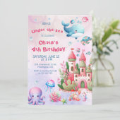 ピンクウォーターカラーアンダーザシーガール誕生日 招待状 (スタンド正面)