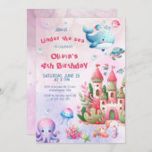ピンクウォーターカラーアンダーザシーガール誕生日 招待状 (正面/裏面)