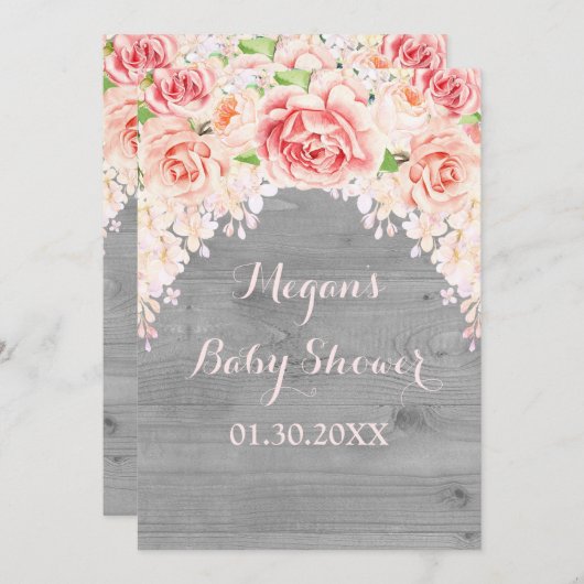 ピンクウォーターカラーウッドベビーシャワー招待状 招待状 (正面/裏面)