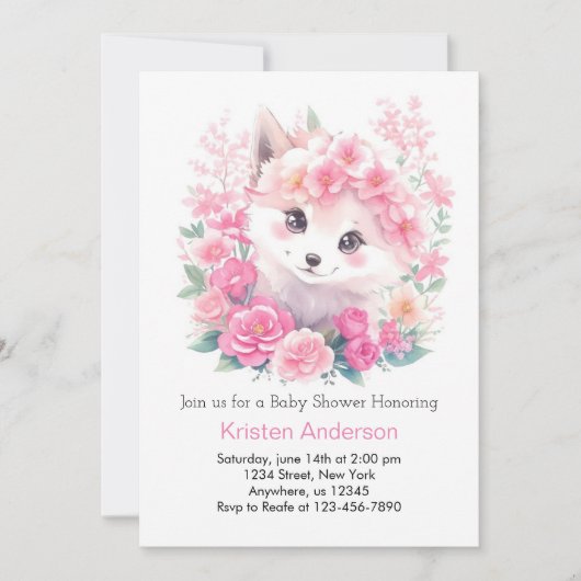 ピンクウォーターカラーオオオカミ魔法ガールベビーシャワー 招待状 (正面)