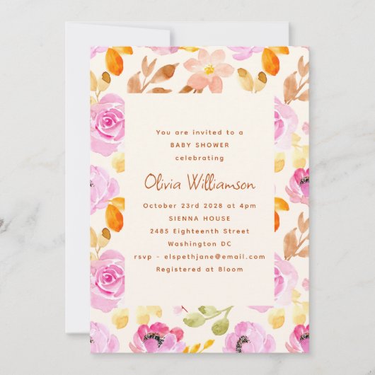 ピンクウォーターカラーガーデンフローラベビーシャワー 招待状 (正面)