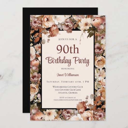 ピンクウォーターカラーガーデンフローラ90誕生日 招待状 (正面/裏面)