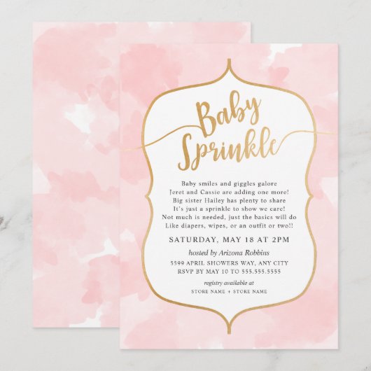 ピンクウォーターカラーガールベビー散布招待状 招待状 (正面/裏面)