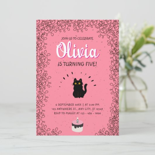 ピンクウォーターカラーキャット誕生祝い 招待状 (スタンド正面)