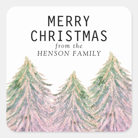 ピンクウォーターカラークリスマスツリー芸術的スクエアスティ スクエアシール (正面)