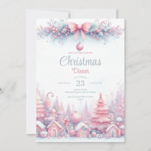 ピンクウォーターカラークリスマスディナー招待状 招待状 (正面)