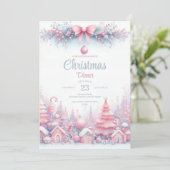 ピンクウォーターカラークリスマスディナー招待状 招待状 (スタンド正面)