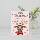 ピンクウォーターカラークリスマストナカイバラ金ゴールド 箔シーズンポストカード (立ち正面)